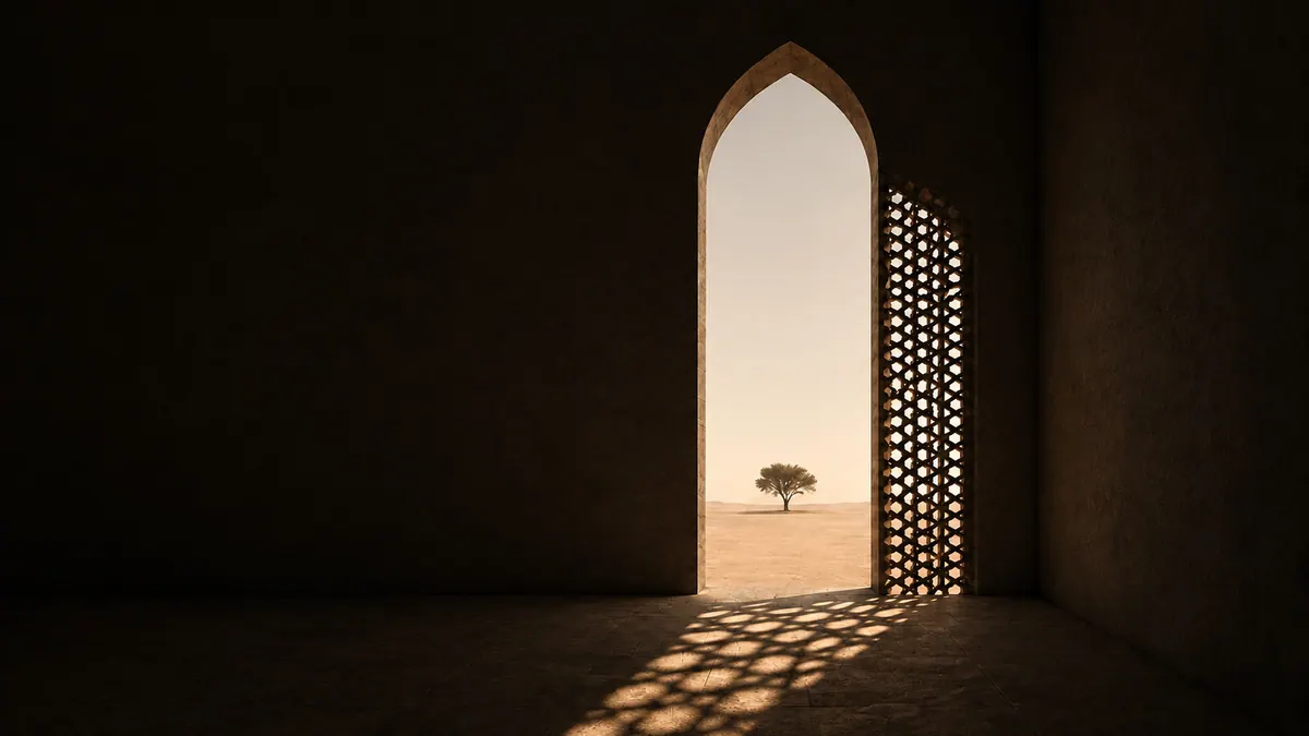 A dark room opening through a carved arch onto a lone desert tree in bright light